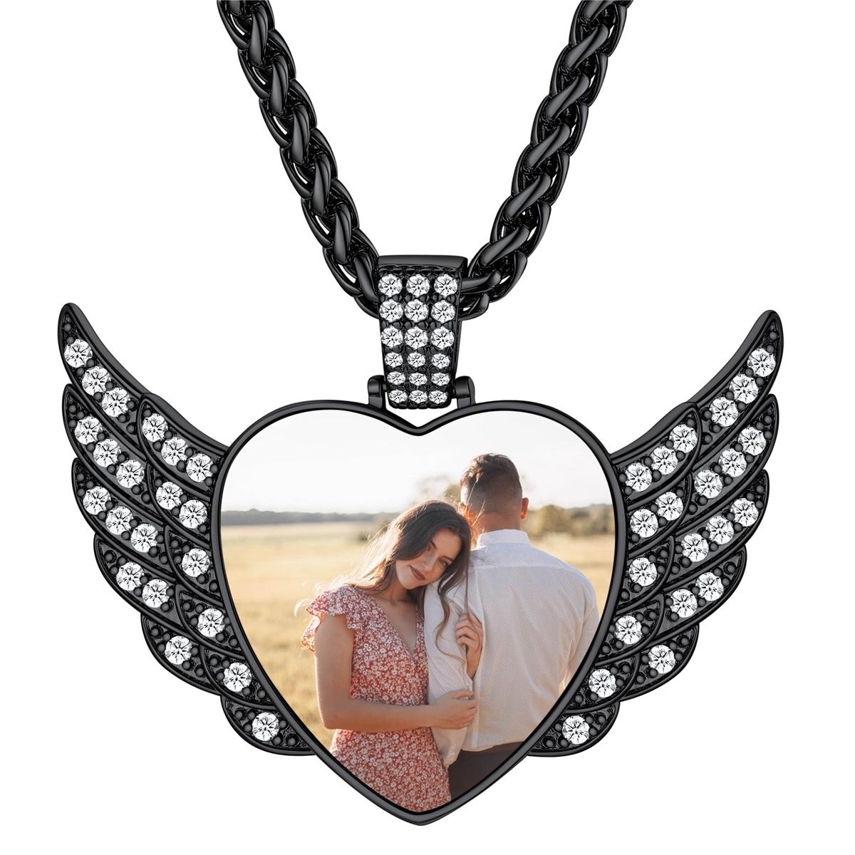 Birthstonesjewelry Personalized CZ Angel Wings Photo Necklace Black Plated