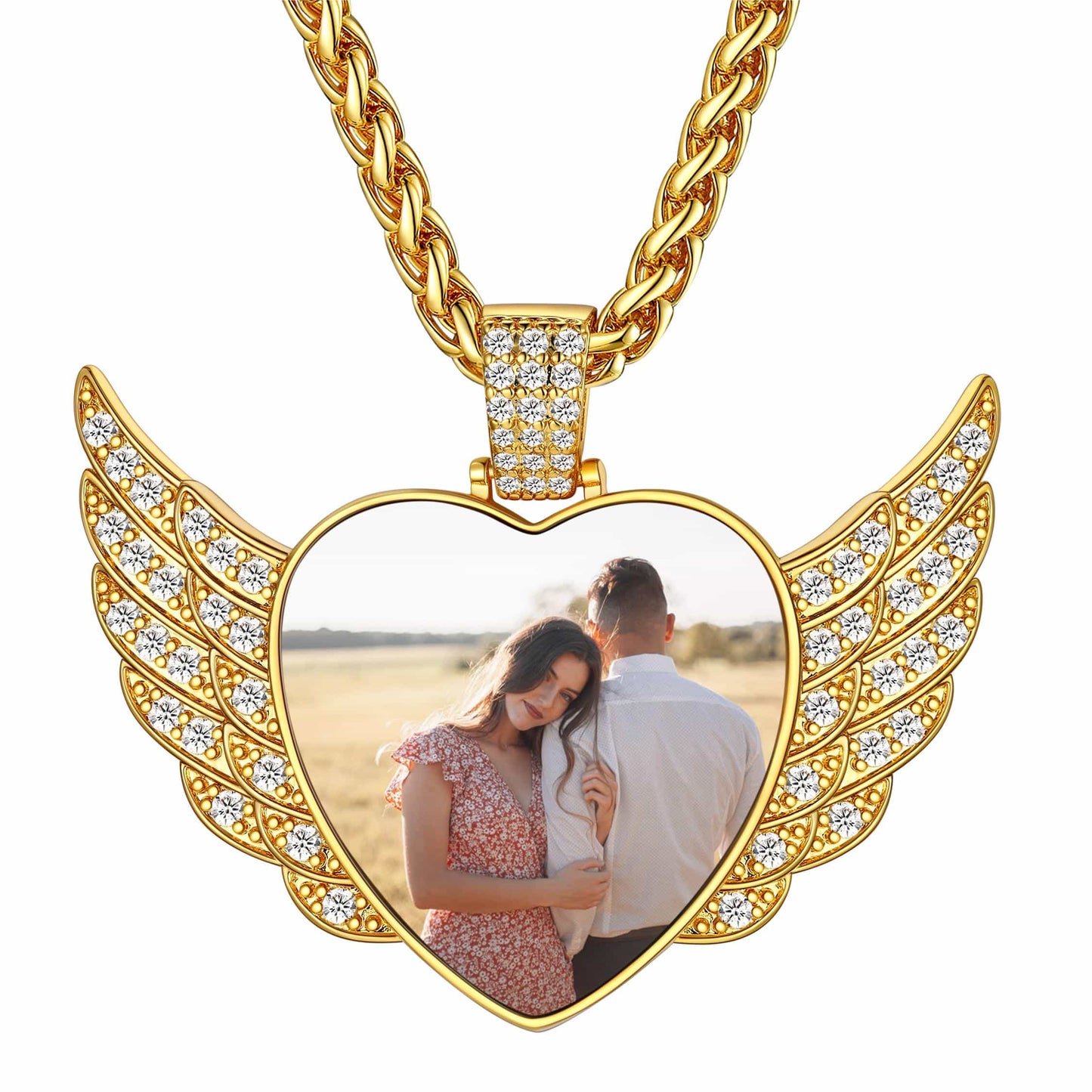 Birthstonesjewelry Personalized CZ Angel Wings Photo Necklace Gold Plated