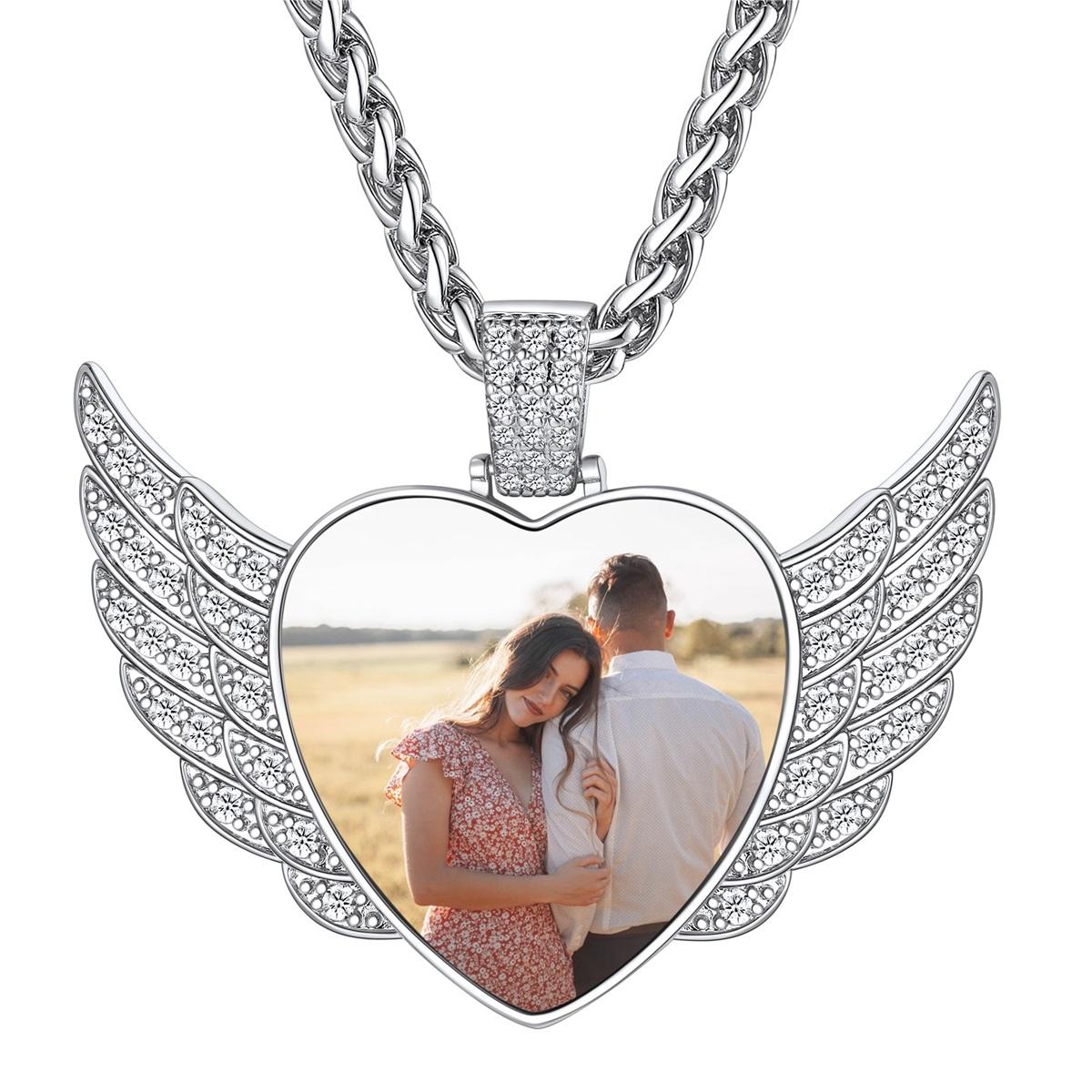 Birthstonesjewelry Personalized CZ Angel Wings Photo Necklace Steel