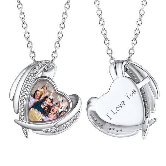 Birthstonesjewelry Personalized Heart Angel Wing Necklace with Photo Silver