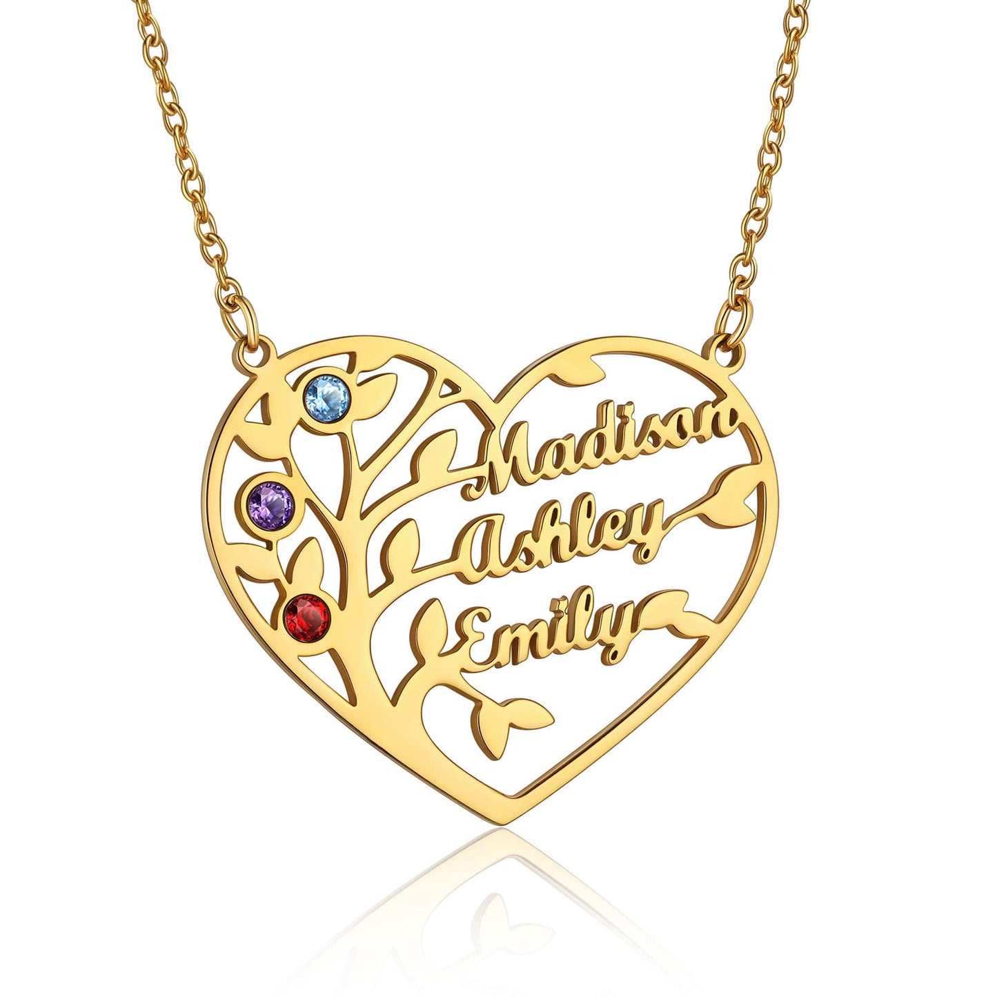 Birthstonesjewelry Personalized Heart Birthstone Necklace 3 Name Gold