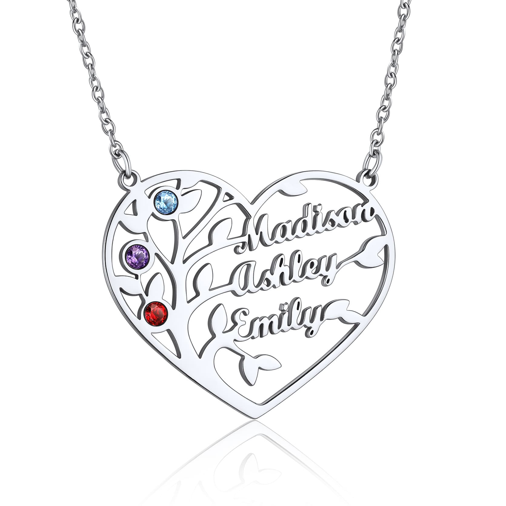 Birthstonesjewelry Personalized Heart Birthstone Necklace 3 Name Steel