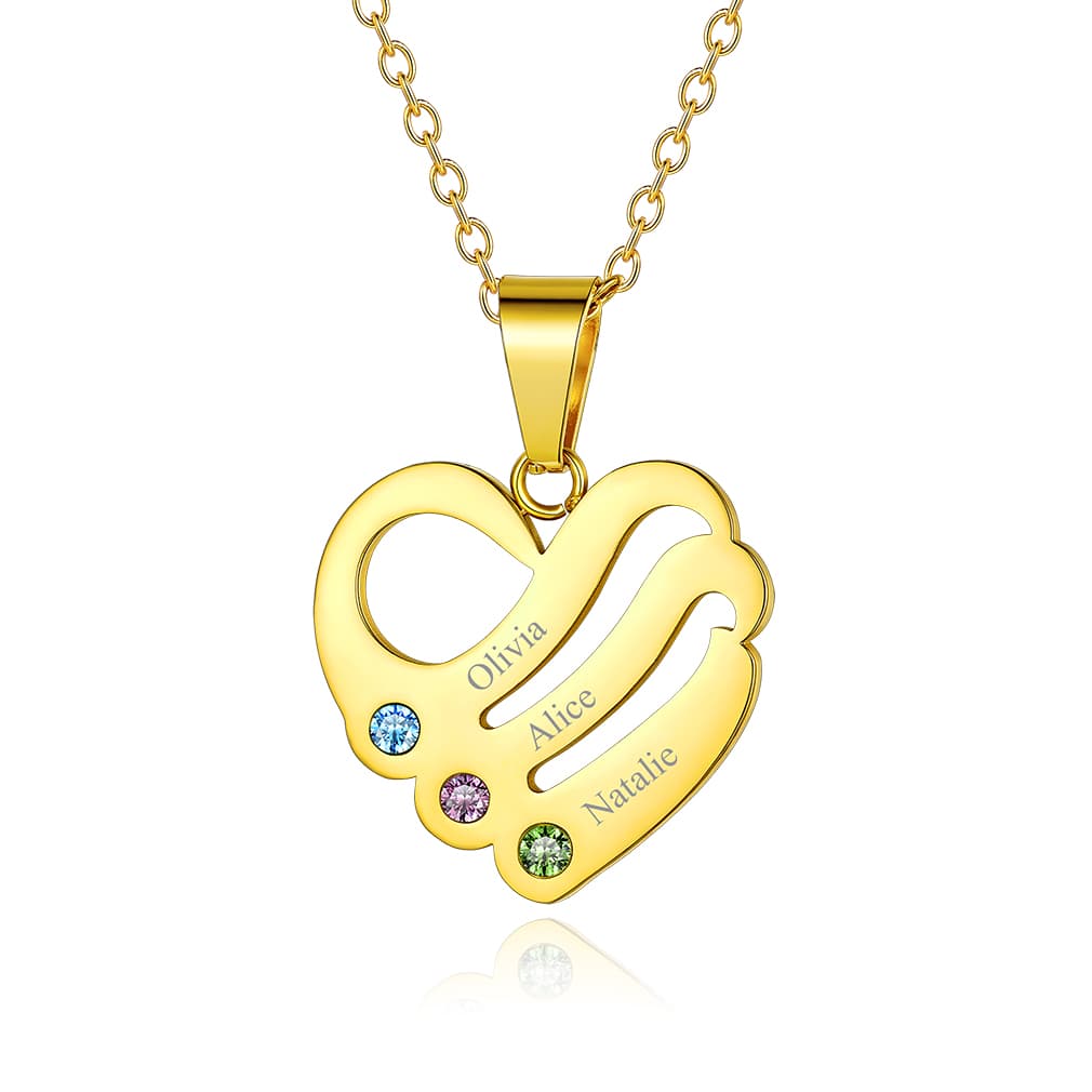 Birthstonesjewelry Personalized Heart Birthstone Necklace With 3 Name Gold
