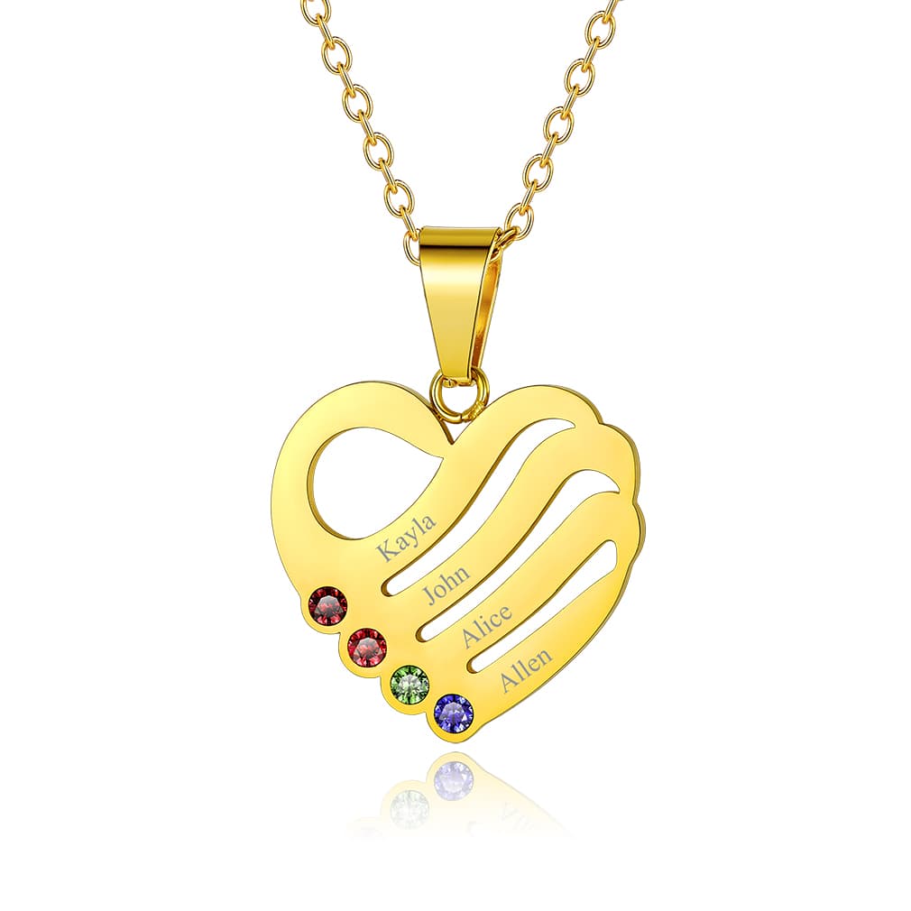 Birthstonesjewelry Personalized Heart Birthstone Necklace With 4 Name Gold
