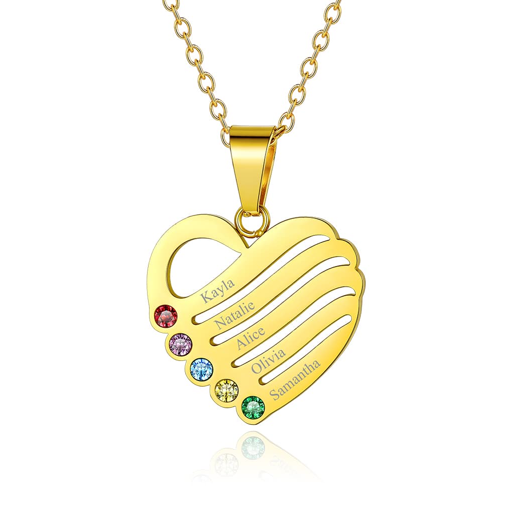 Birthstonesjewelry Personalized Heart Birthstone Necklace With 5 Name Gold