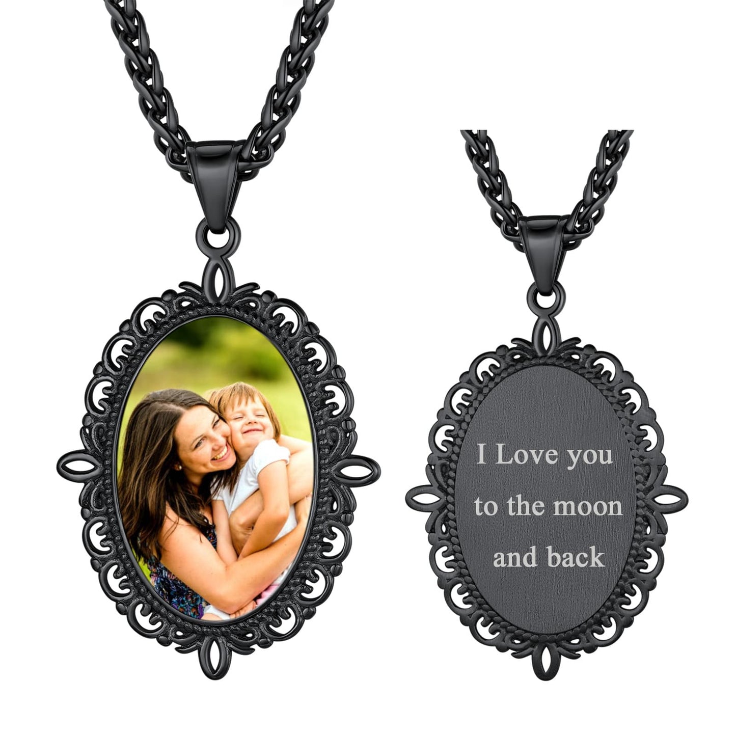 Birthstonesjewelry Personalized Oval Picture Necklace with Message Black Plated