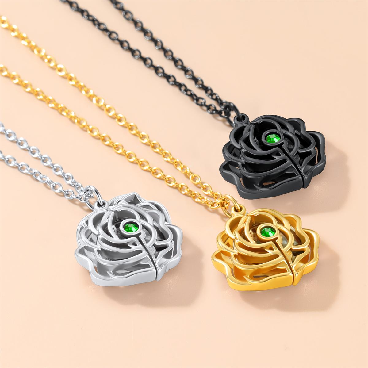 Birthstonesjewelry Personalized Rose Flower Locket Necklace 3 Colors