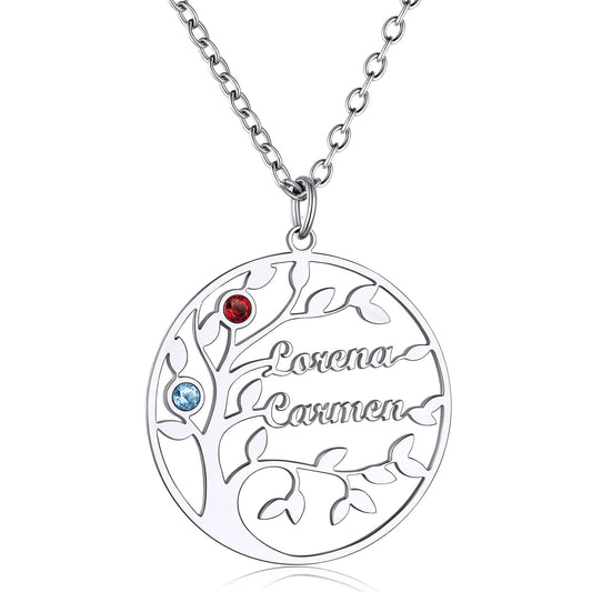 Birthstonesjewelry Personalized Round Family Tree 2 Name Necklace Steel