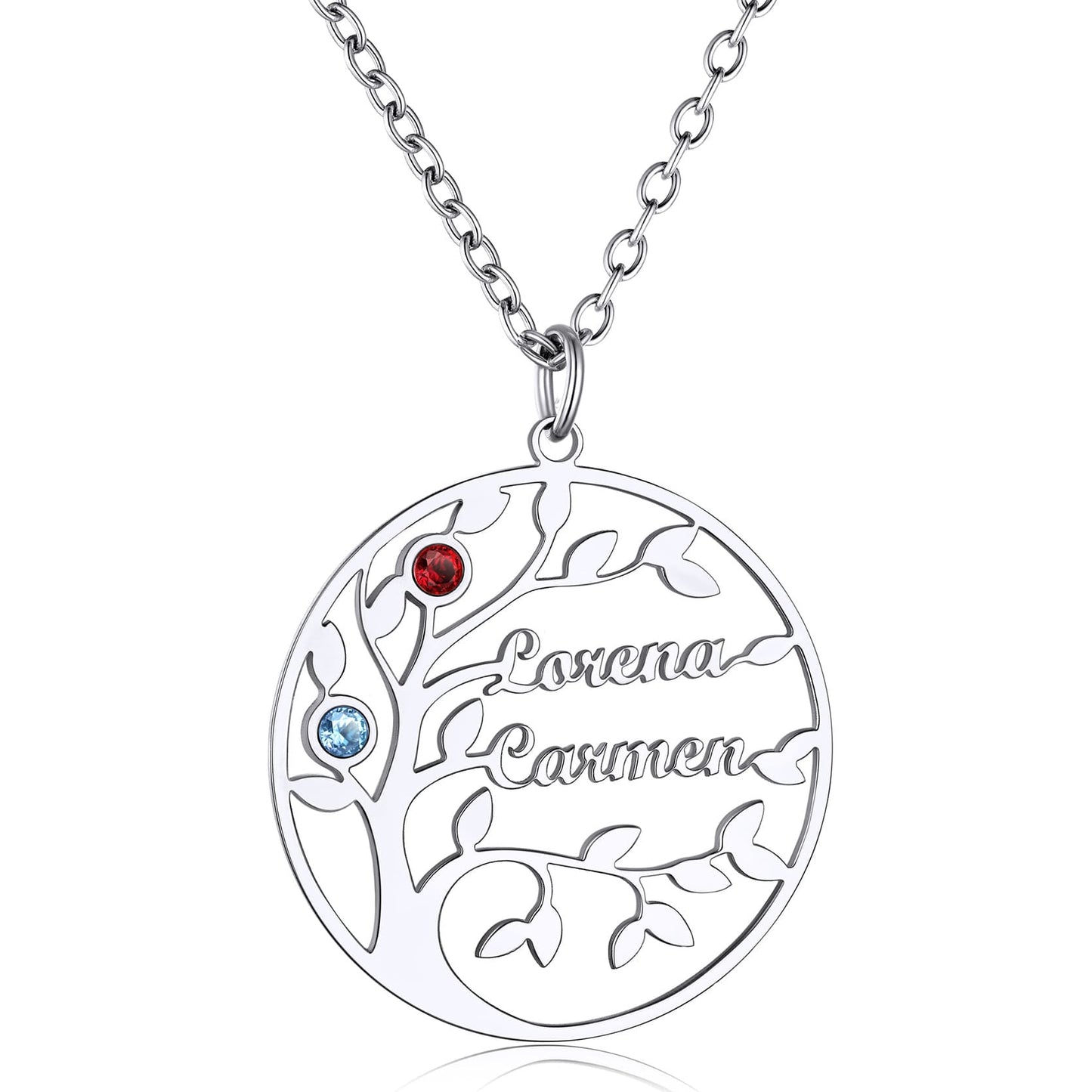 Birthstonesjewelry Personalized Round Family Tree 2 Name Necklace Steel