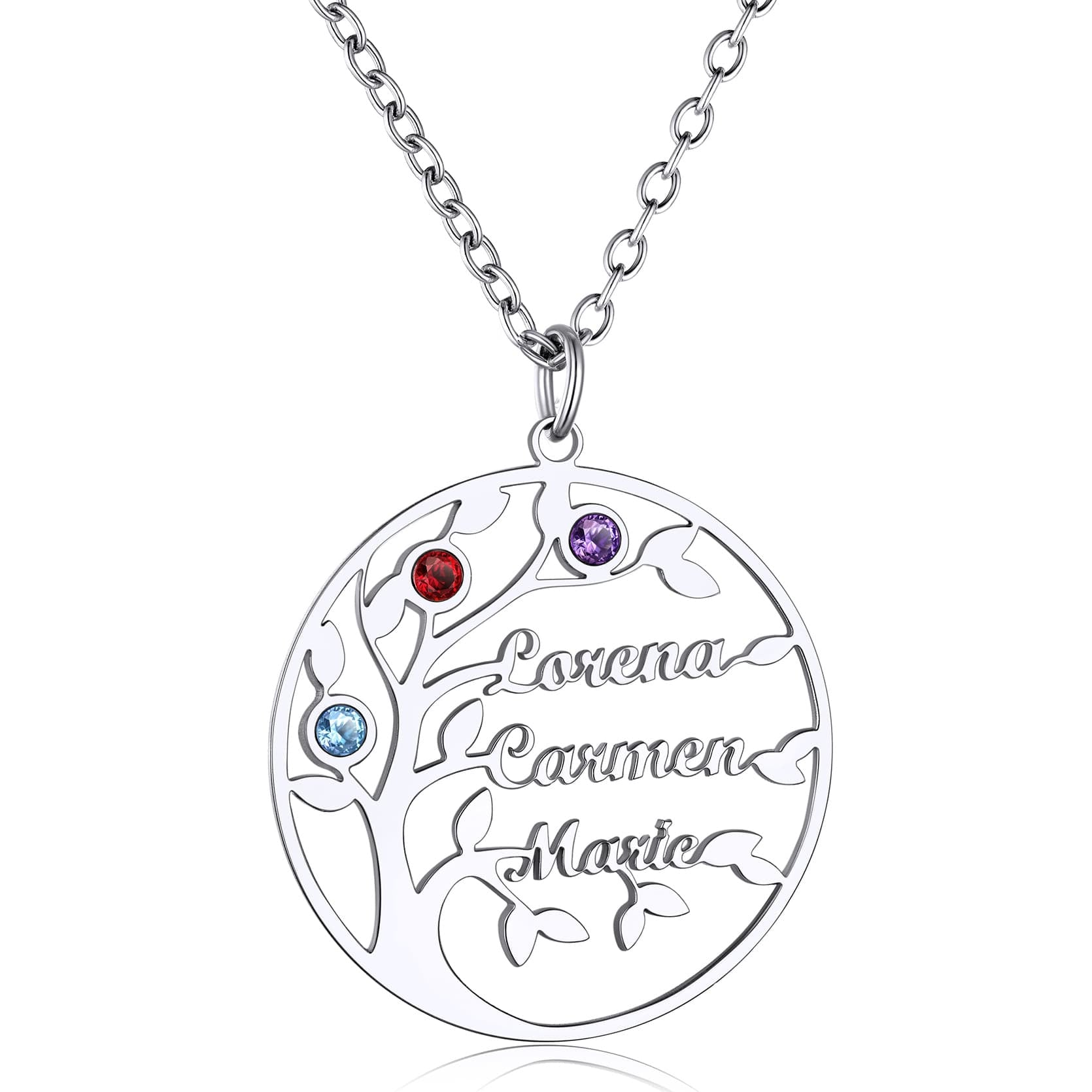 Birthstonesjewelry Personalized Round Family Tree 3 Name Necklace Steel
