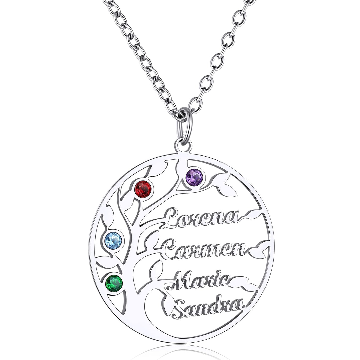 Birthstonesjewelry Personalized Round Family Tree 4 Name Necklace Steel