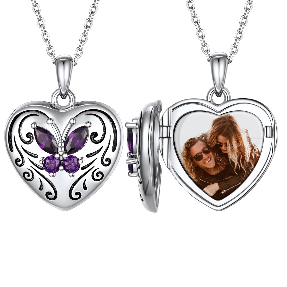 Birthstonesjewelry Personalized Sterling Silver Heart Purple Butterfly Locket Photo Necklace
