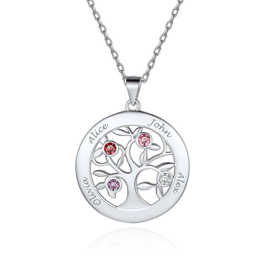 Birthstonesjewelry Personalized Sterling Silver Tree of Life 4 Birthstone Necklace