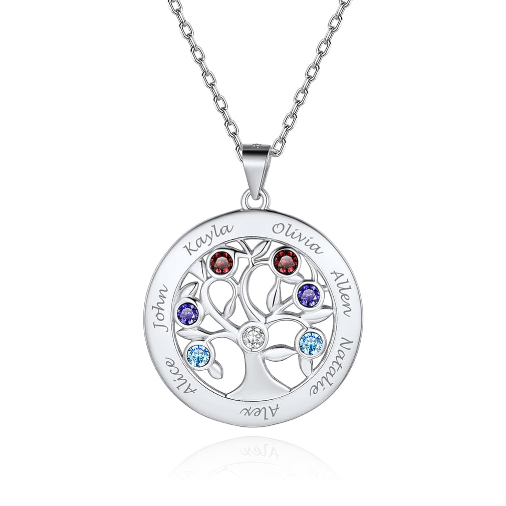 Birthstonesjewelry Personalized Sterling Silver Tree of Life 7 Birthstone Necklace