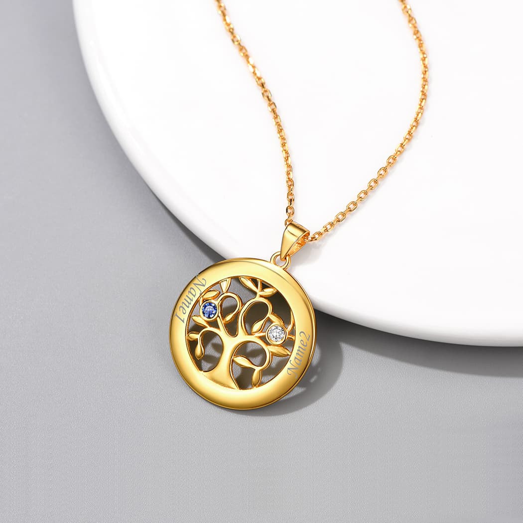 Birthstonesjewelry Personalized Tree of Life 2 Birthstone Necklace Gold