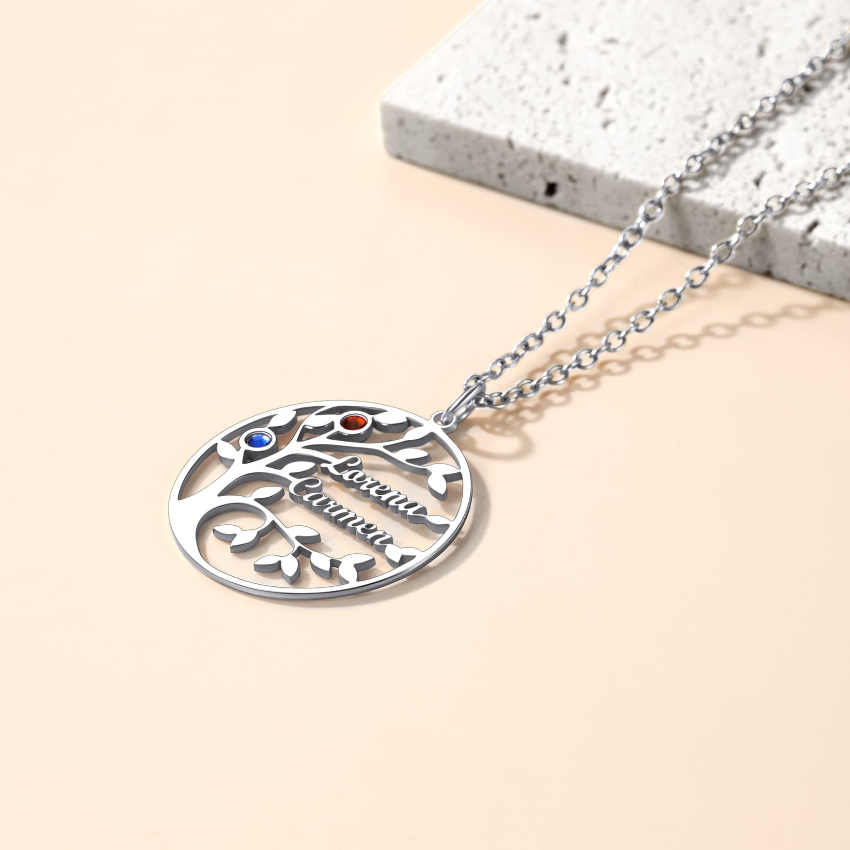 Birthstonesjewelry Round Family Tree Name Necklace Steel