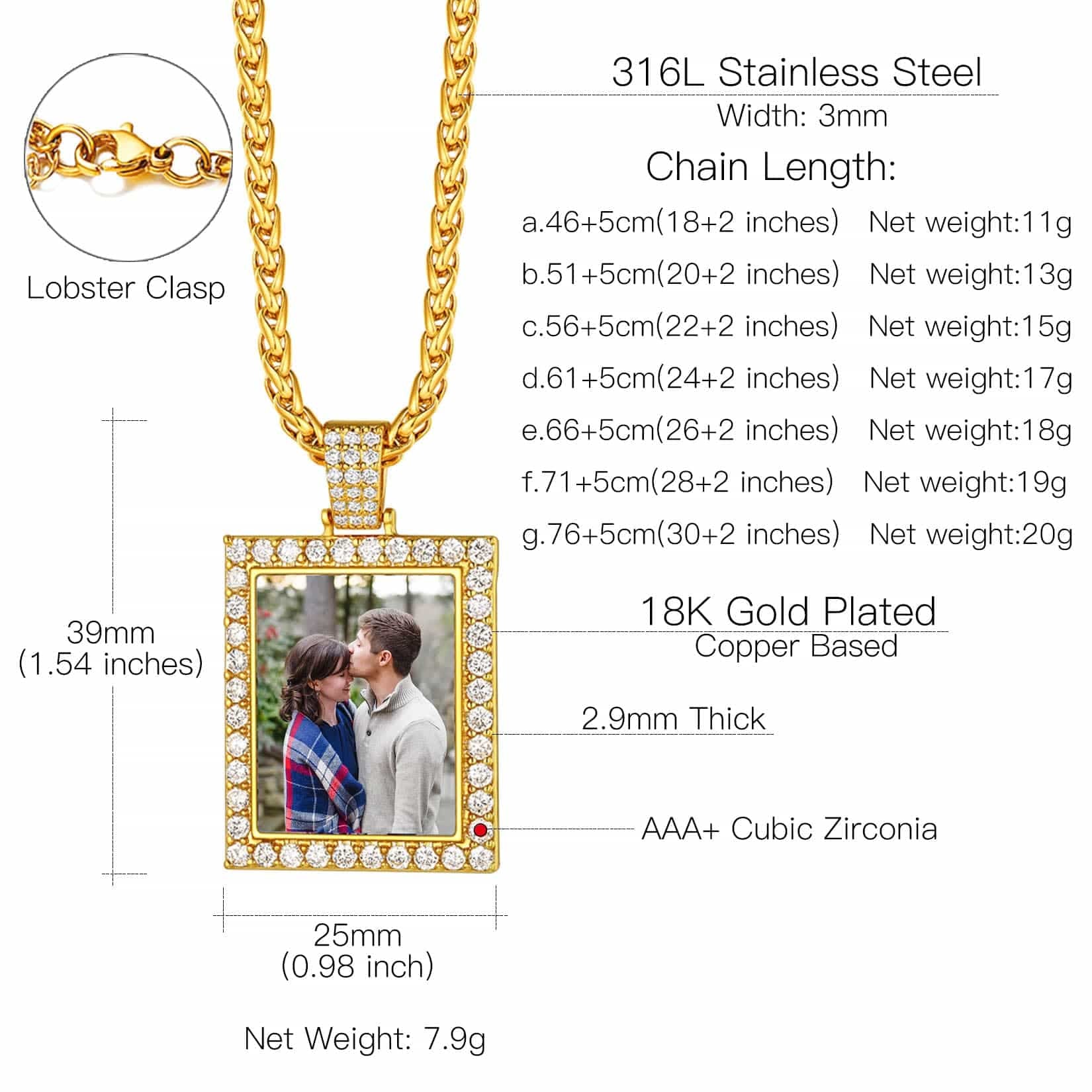  Birthstonesjewelry Square CZ Photo Necklace Size