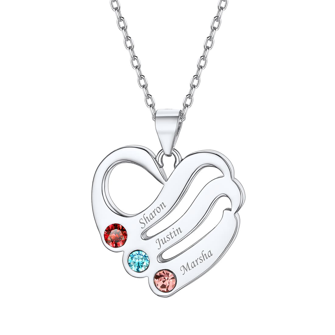 Birthstonesjewelry Sterling Silver Custom Heart Necklace With 3 Name
