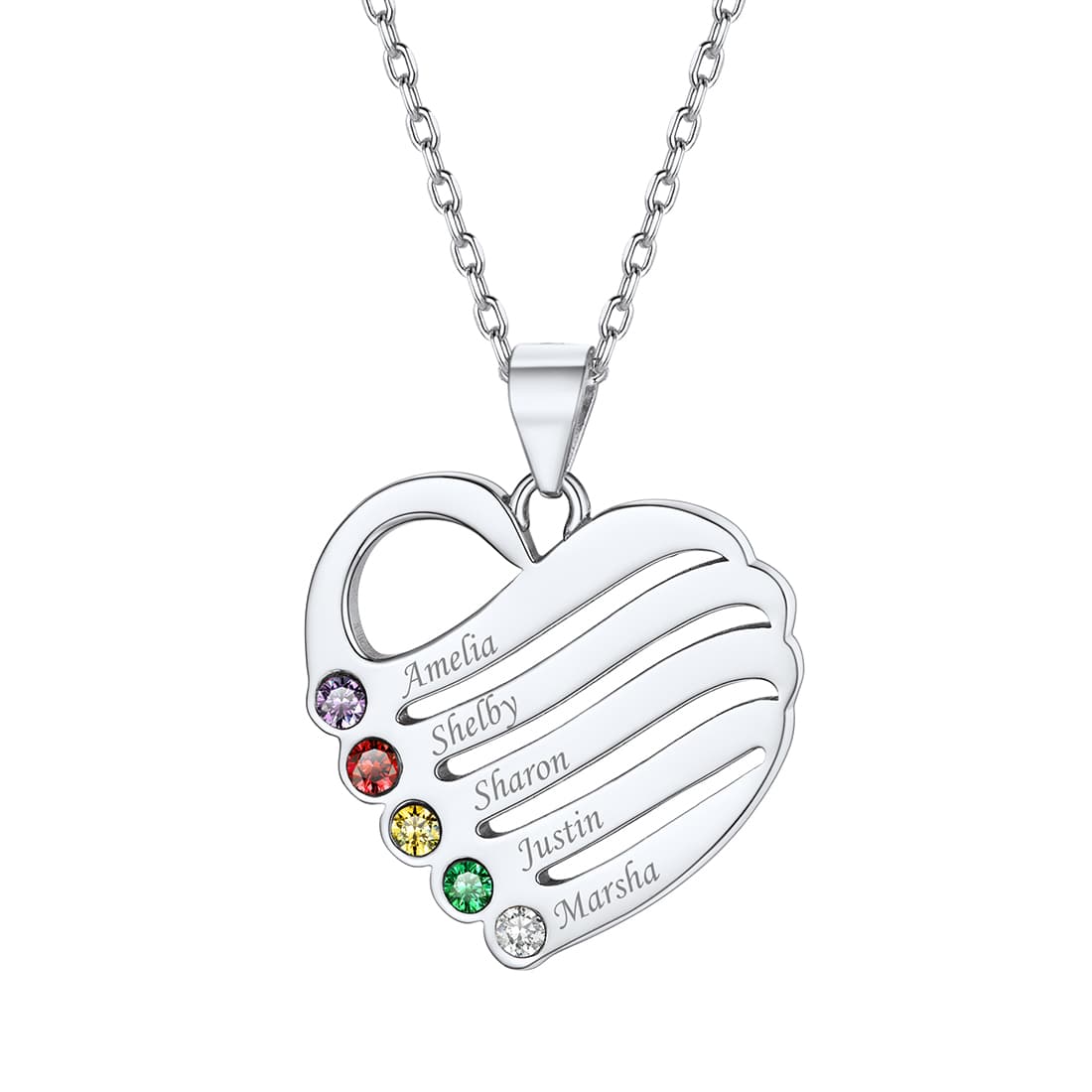 Birthstonesjewelry Sterling Silver Custom Heart Necklace With 5 Name
