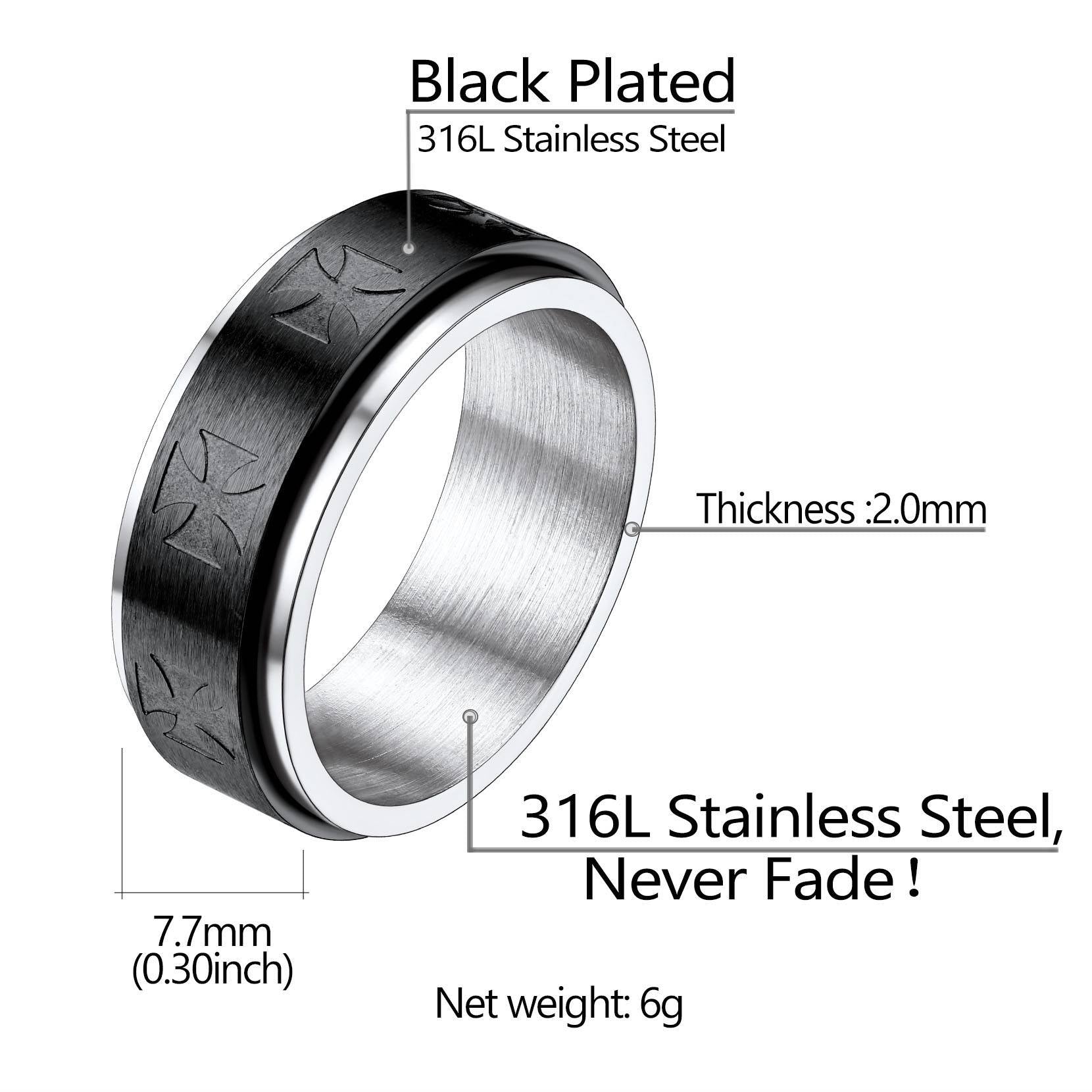 Black-plated stainless steel Templar ring with measurements and material details on a white background