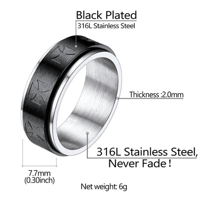 Black-plated stainless steel Templar ring with measurements and material details on a white background