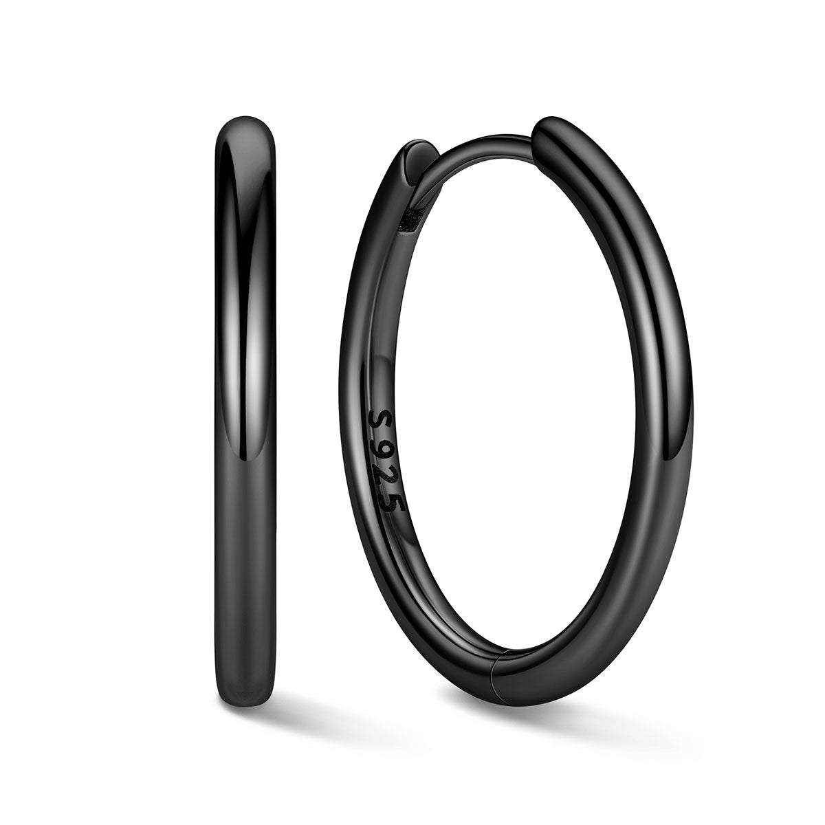 Black 16mm hoop earrings on a white background