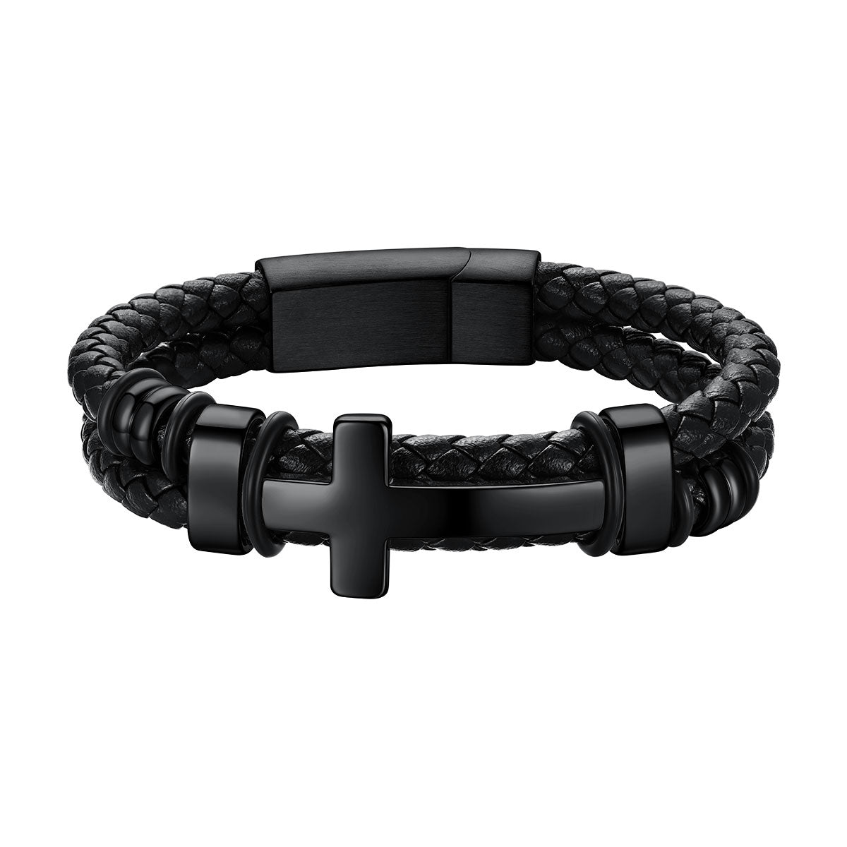 Black Braided Leather Bracelet with Stainless Steel Black Cross for Men on a white background 