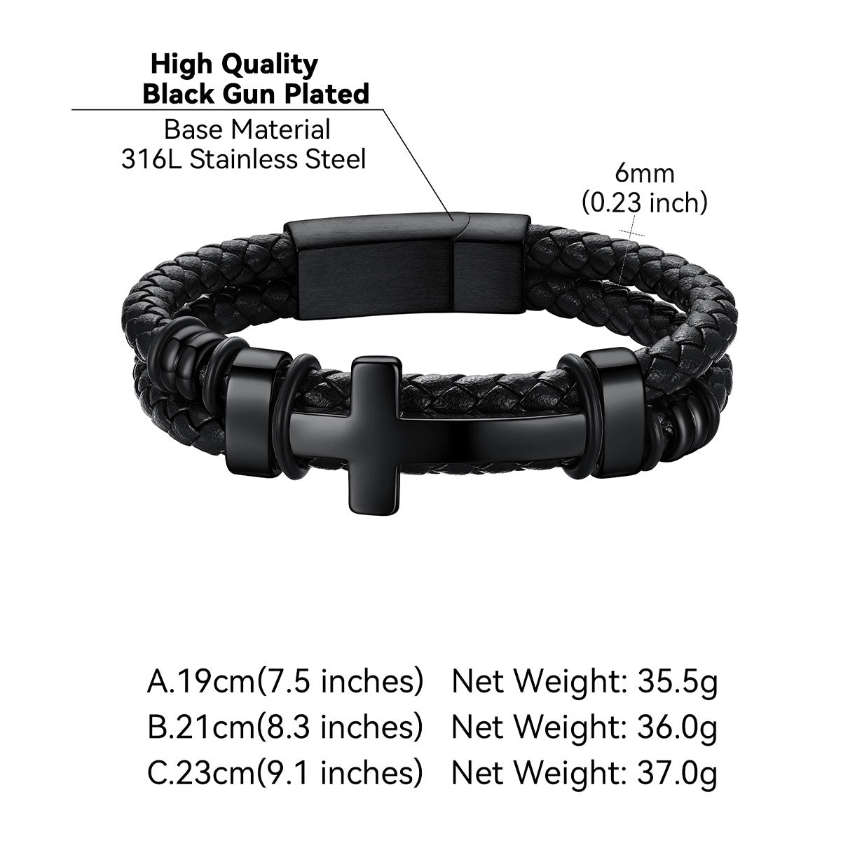 Black Braided Leather Bracelet with Stainless Steel Cross for Men Detail and dimension