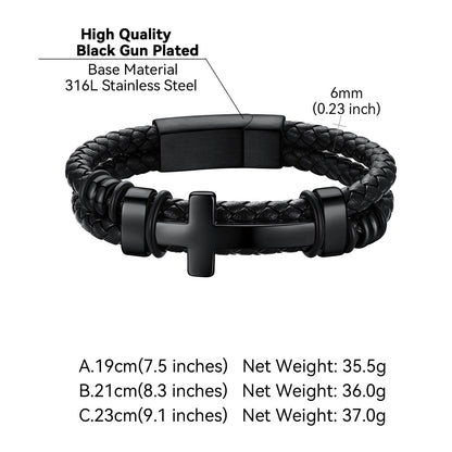 Black Braided Leather Bracelet with Stainless Steel Cross for Men Detail and dimension