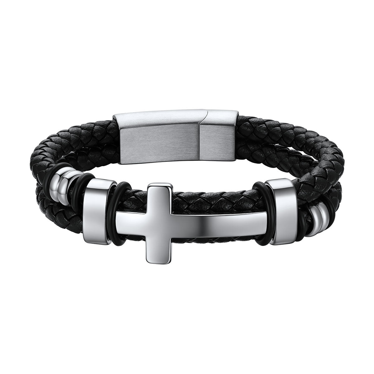 Black Braided Leather Bracelet with Stainless Steel Cross for Men on a white background