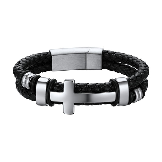 Black Braided Leather Bracelet with Stainless Steel Cross for Men on a white background