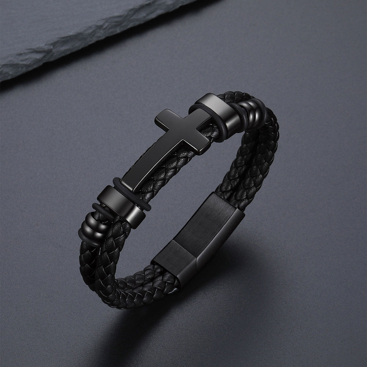 Black Braided Leather Bracelet with Stainless Steel Cross in black plated