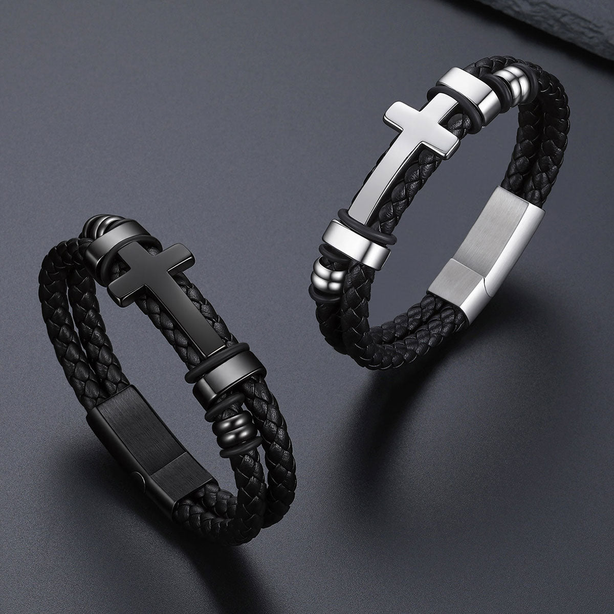 Black Braided Leather Bracelet with Stainless Steel Cross in different color