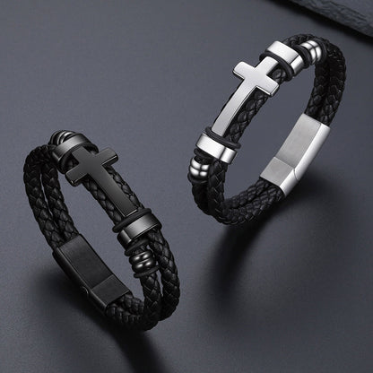 Black Braided Leather Bracelet with Stainless Steel Cross in different color