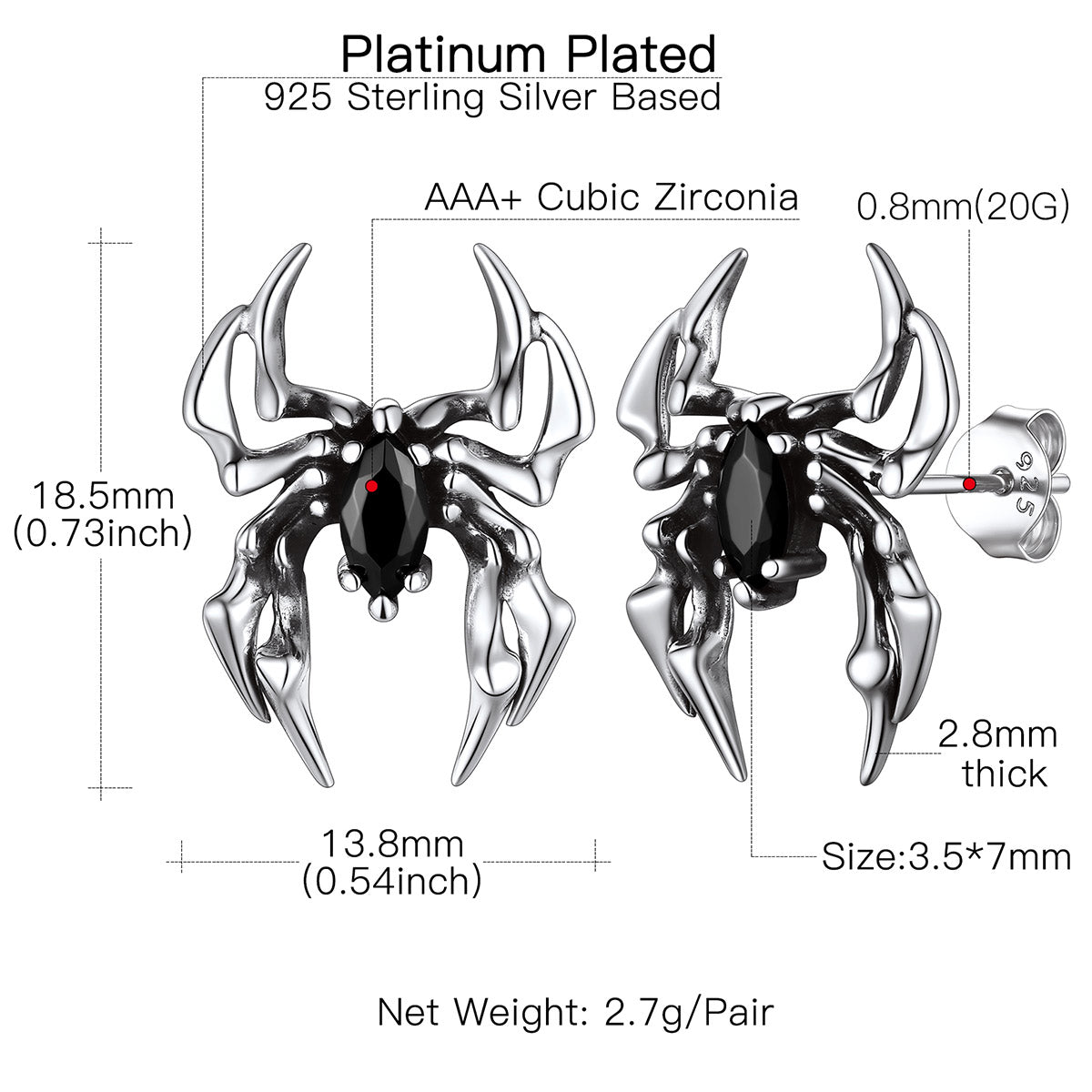 Black CZ Spider Stud Earrings: Dimension, Hypoallergenic