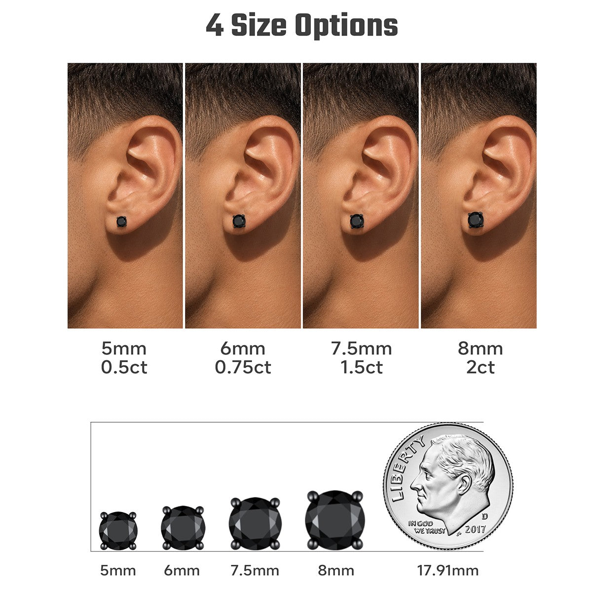 Black CZ Stud Earrings on a white background in different size and wearrings effort