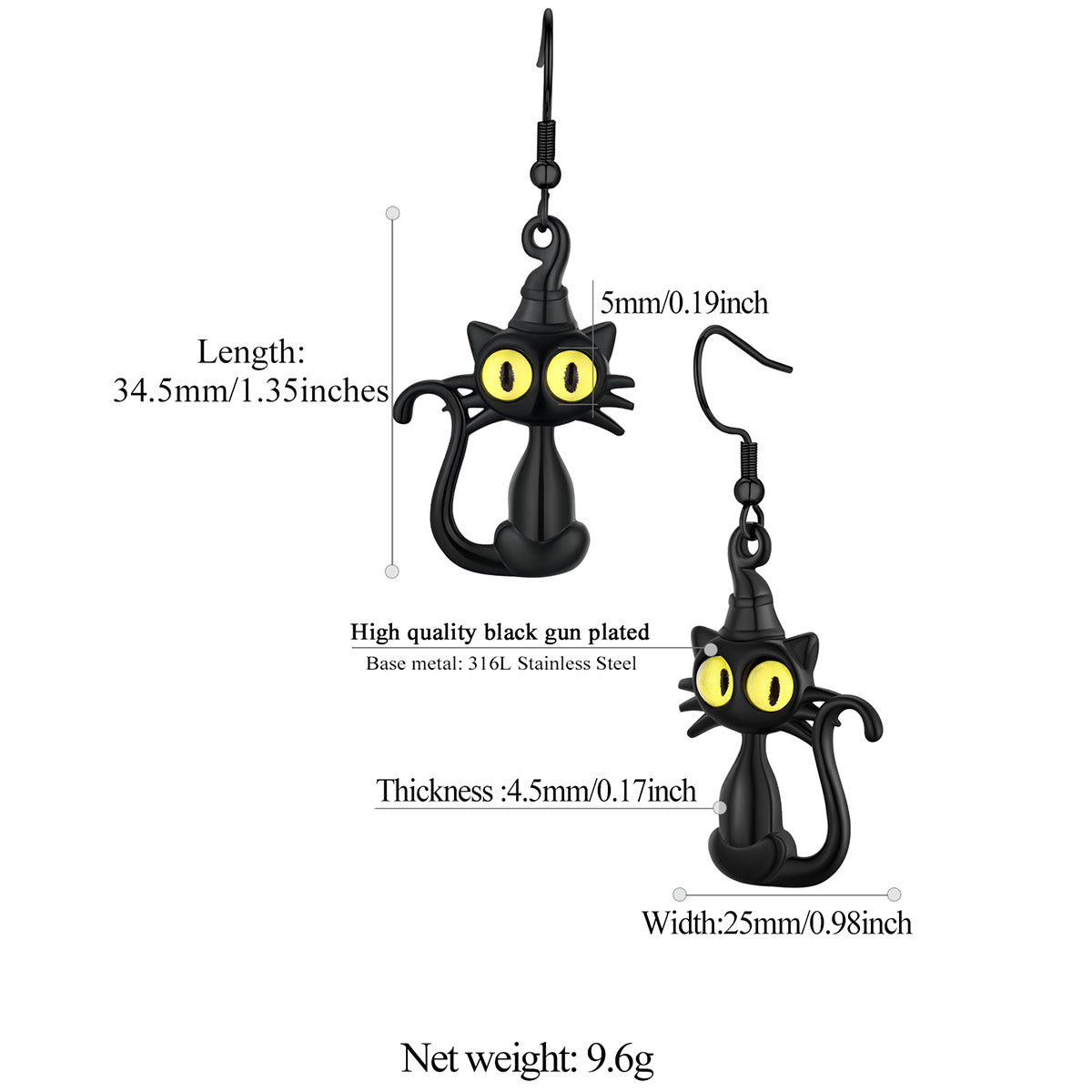 Black Cat Drop Dangle Earrings: Dimension, Durable, Solid