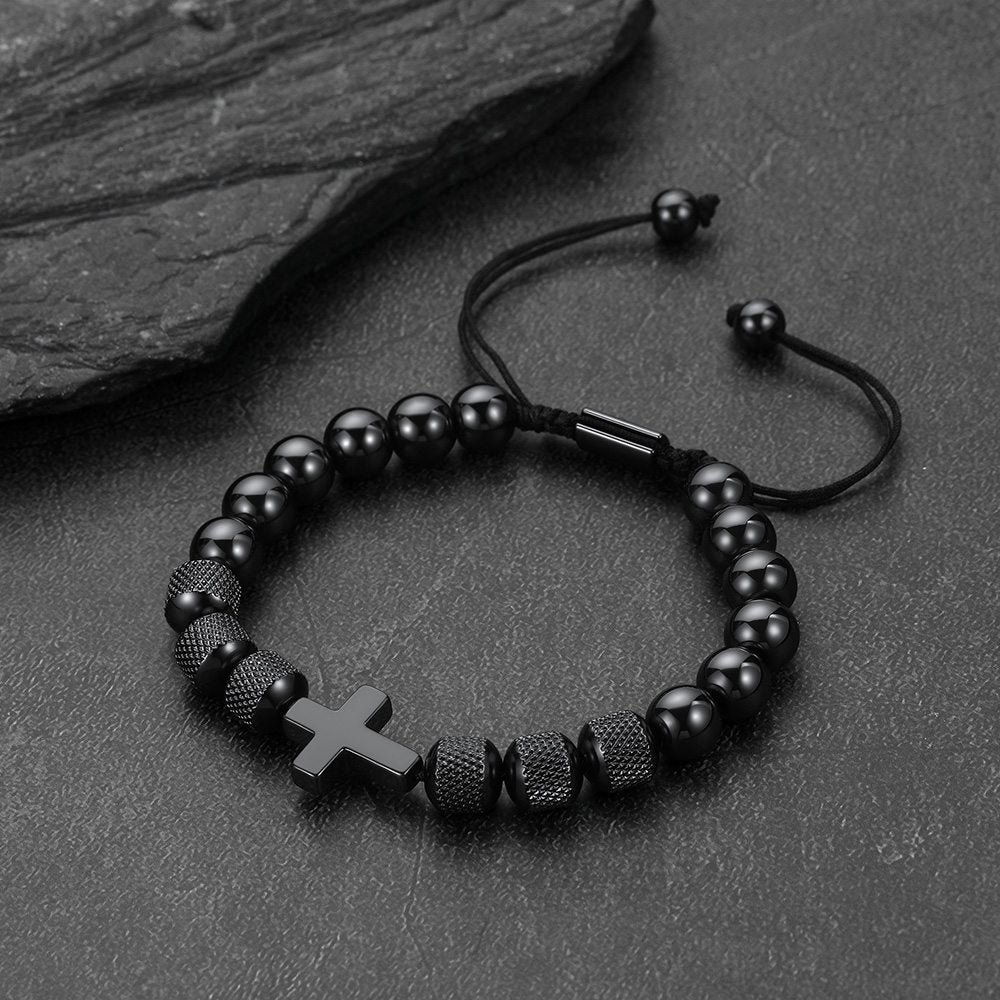 Black Cross Obsidian Beads Bracelet for Men on a black background