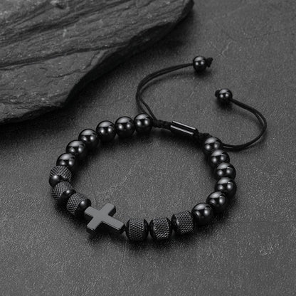Black Cross Obsidian Beads Bracelet for Men on a black background