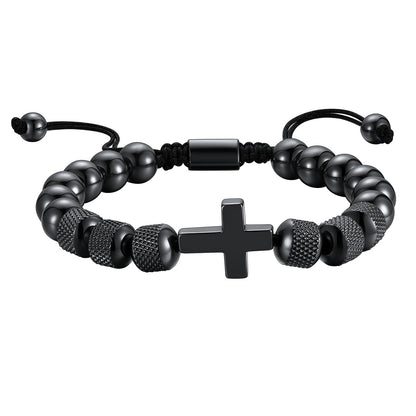 Black Cross Obsidian Beads Bracelet for Men on a white background