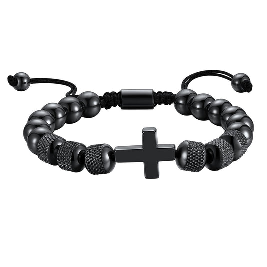 Black Cross Obsidian Beads Bracelet for Men on a white background