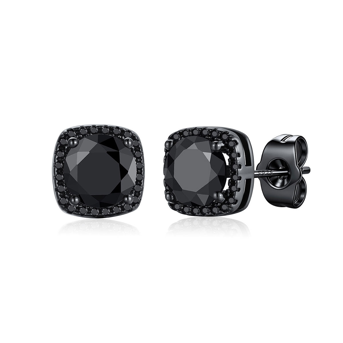 Black Cubic Zirconia Halo Stud Earrings for Men Women 2 ct on a white background