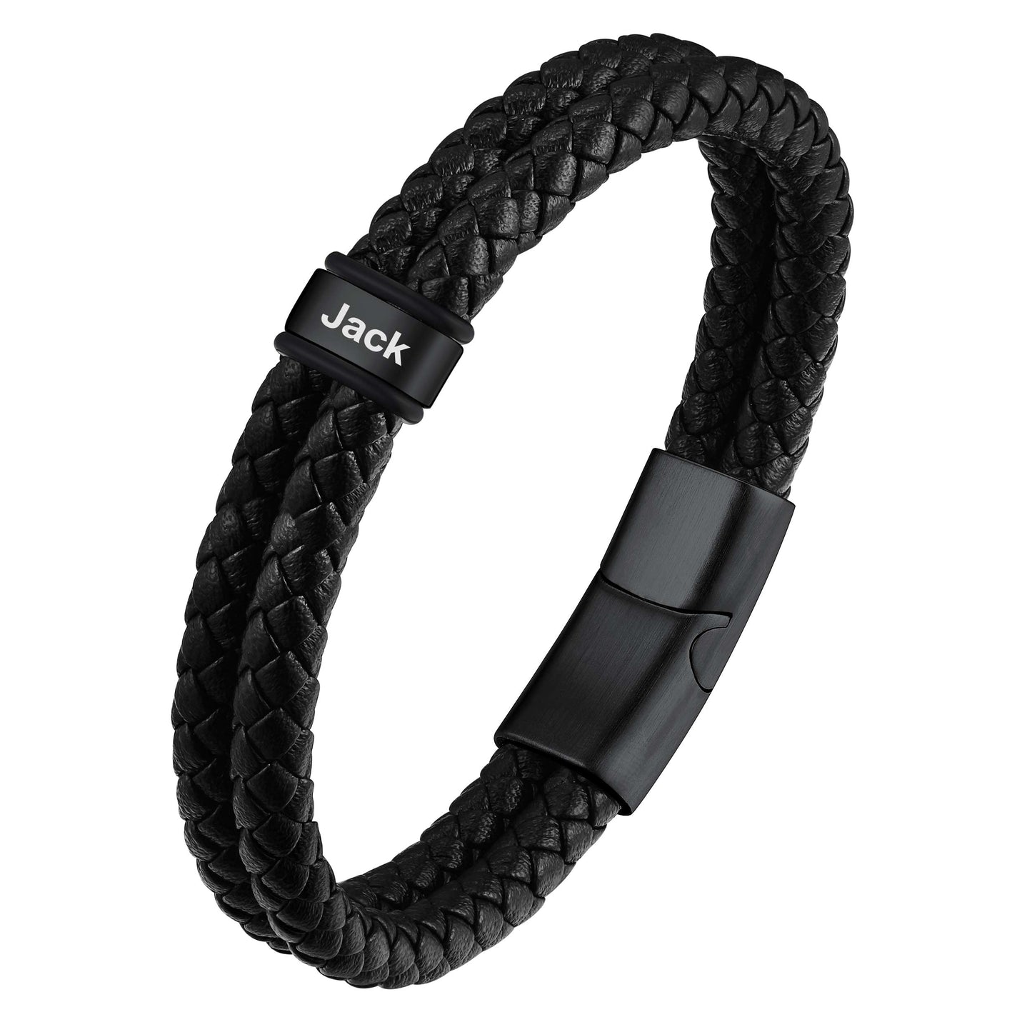 Black Custom Braided Leather Bracelet with Name 1 Beads on a white background