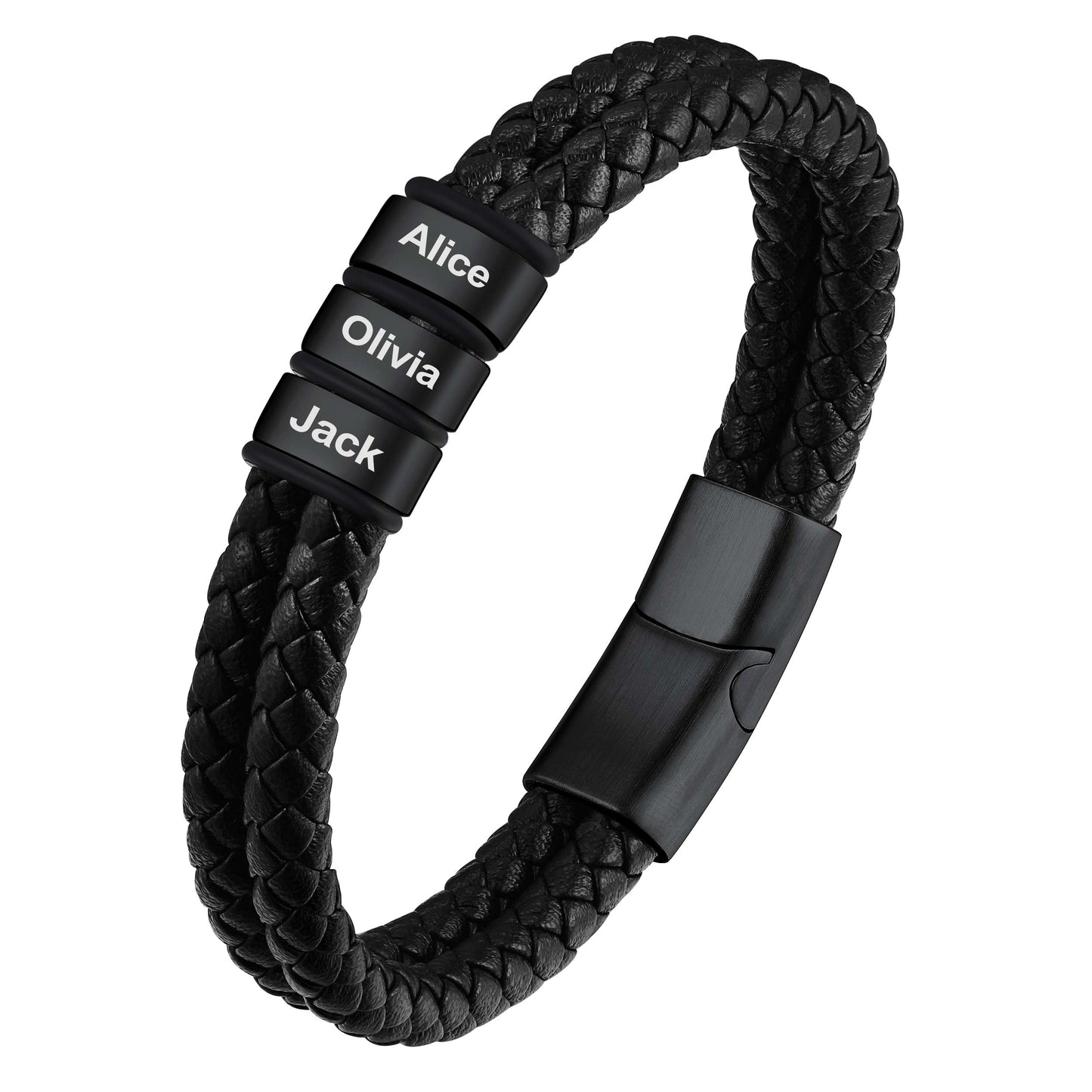 Black Custom Braided Leather Bracelet with Name 3 Beads on a white background