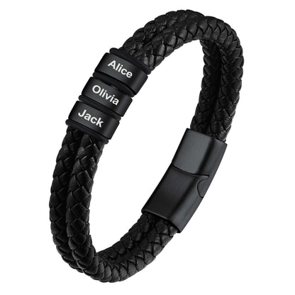 Black Custom Braided Leather Bracelet with Name 3 Beads on a white background