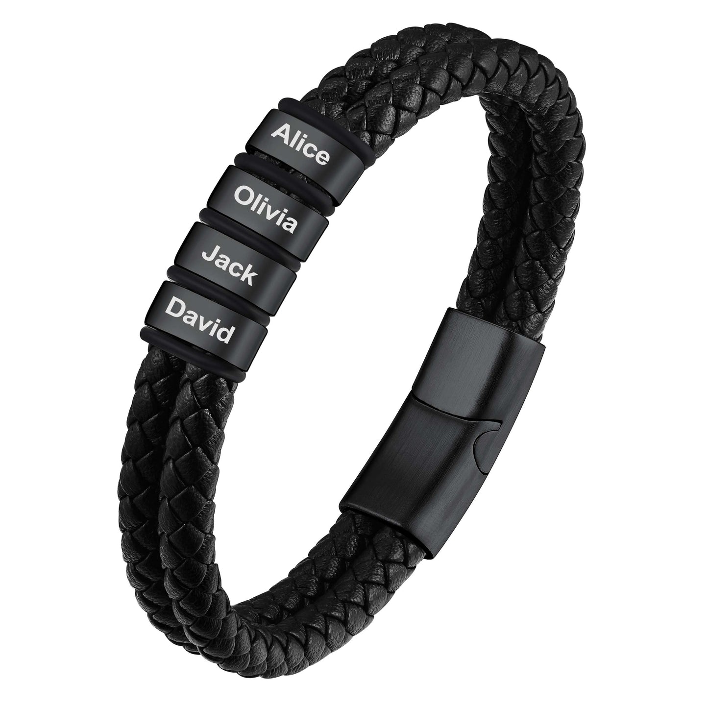 Black Custom Braided Leather Bracelet with Name 4 Beads on a white background