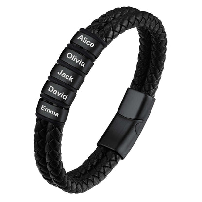 Black Custom Braided Leather Bracelet with Name 5 Beads on a white background
