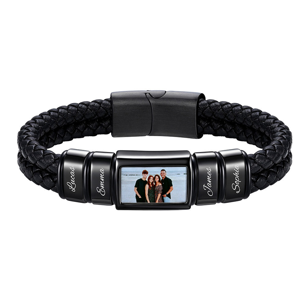 Black Custom Multi‑Name Photo Engraved Braided Leather Bracelet for Men on a white background