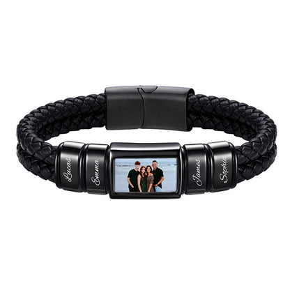 Black Custom Multi‑Name Photo Engraved Braided Leather Bracelet for Men on a white background