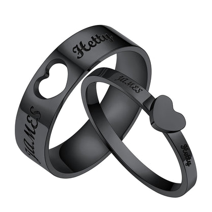 Black Custom Name Matching Heart Promise Rings for Couple on a white Background
